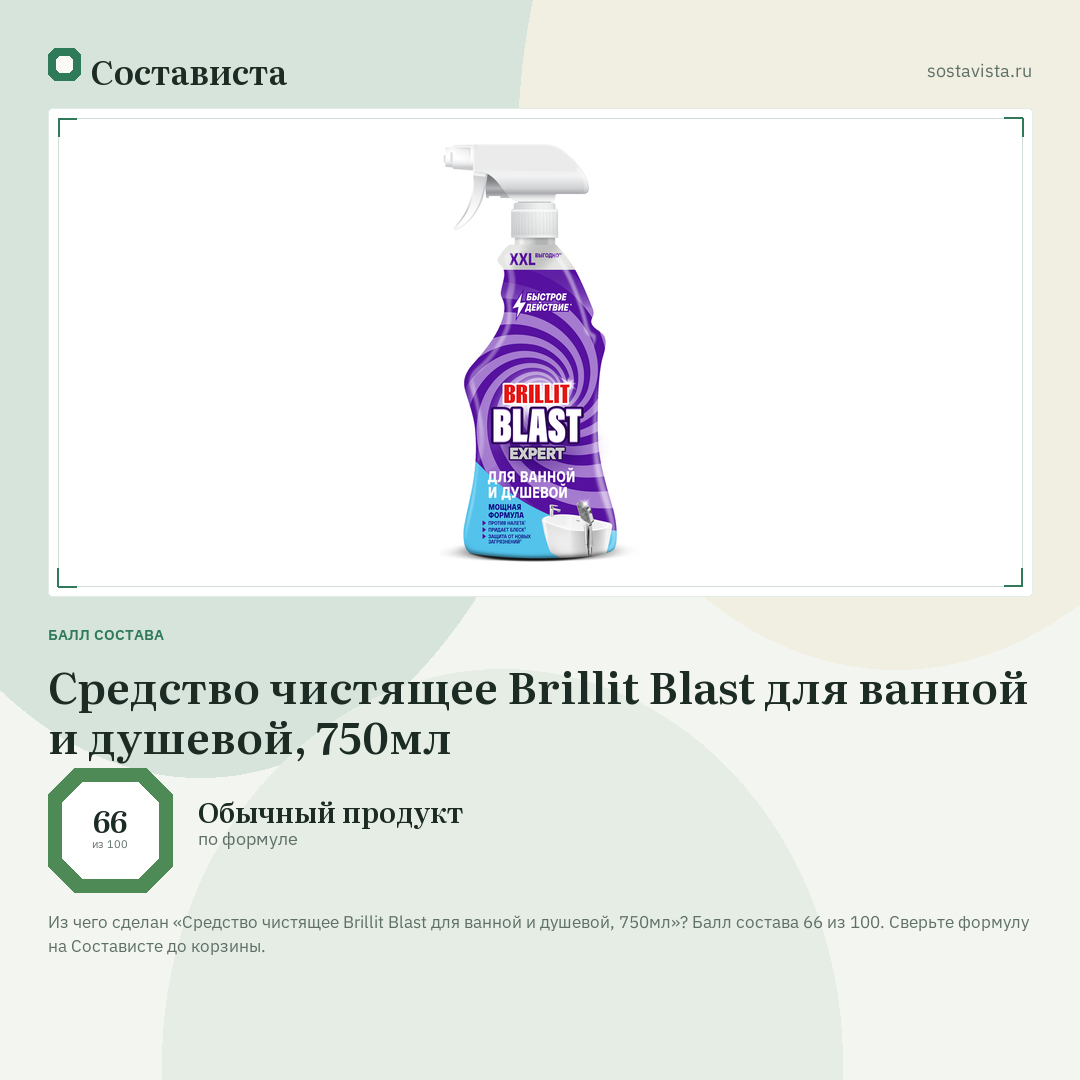 Средство чистящее Brillit Blast для ванной и душевой, 750мл: балл состава 66 из 100 — Состависта