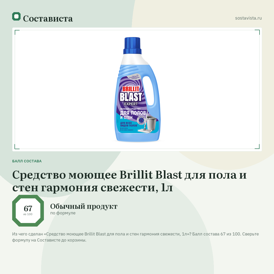 Средство моющее Brillit Blast для пола и стен гармония свежести, 1л: балл состава 67 из 100 — Состависта