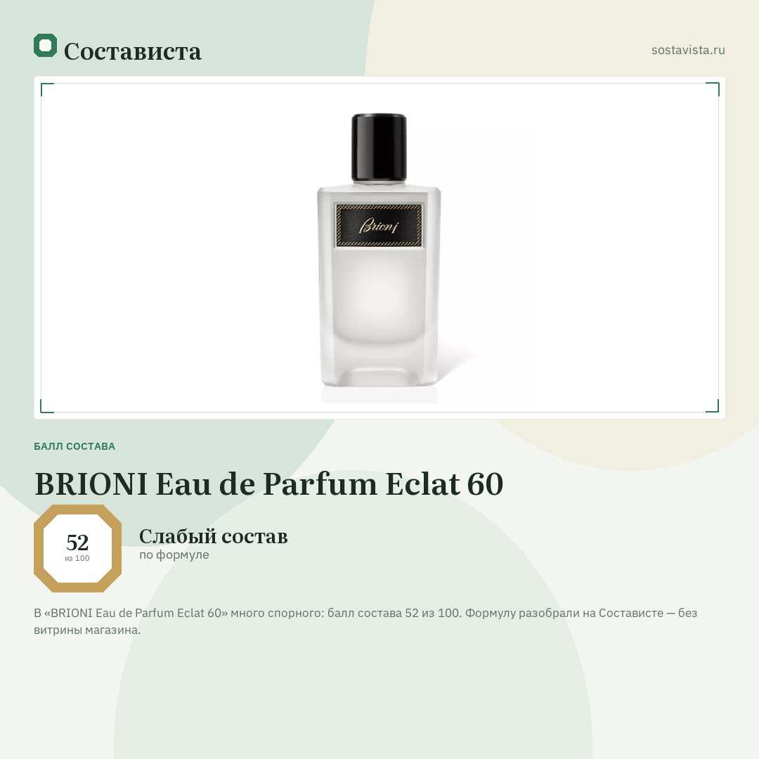 BRIONI Eau de Parfum Eclat 60: балл состава 52 из 100 — Состависта
