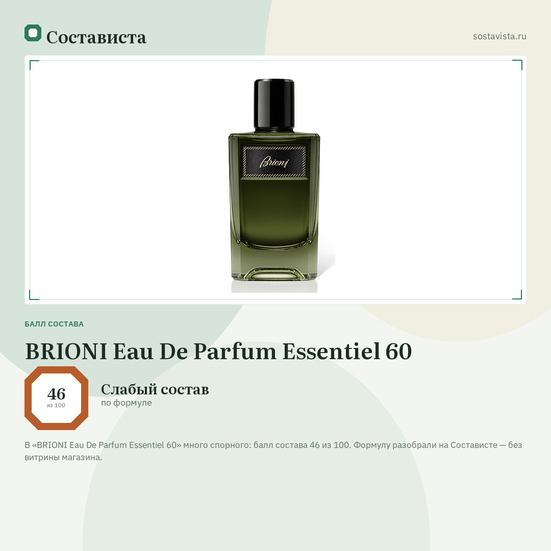 BRIONI Eau De Parfum Essentiel 60: балл состава 46 из 100 — Состависта