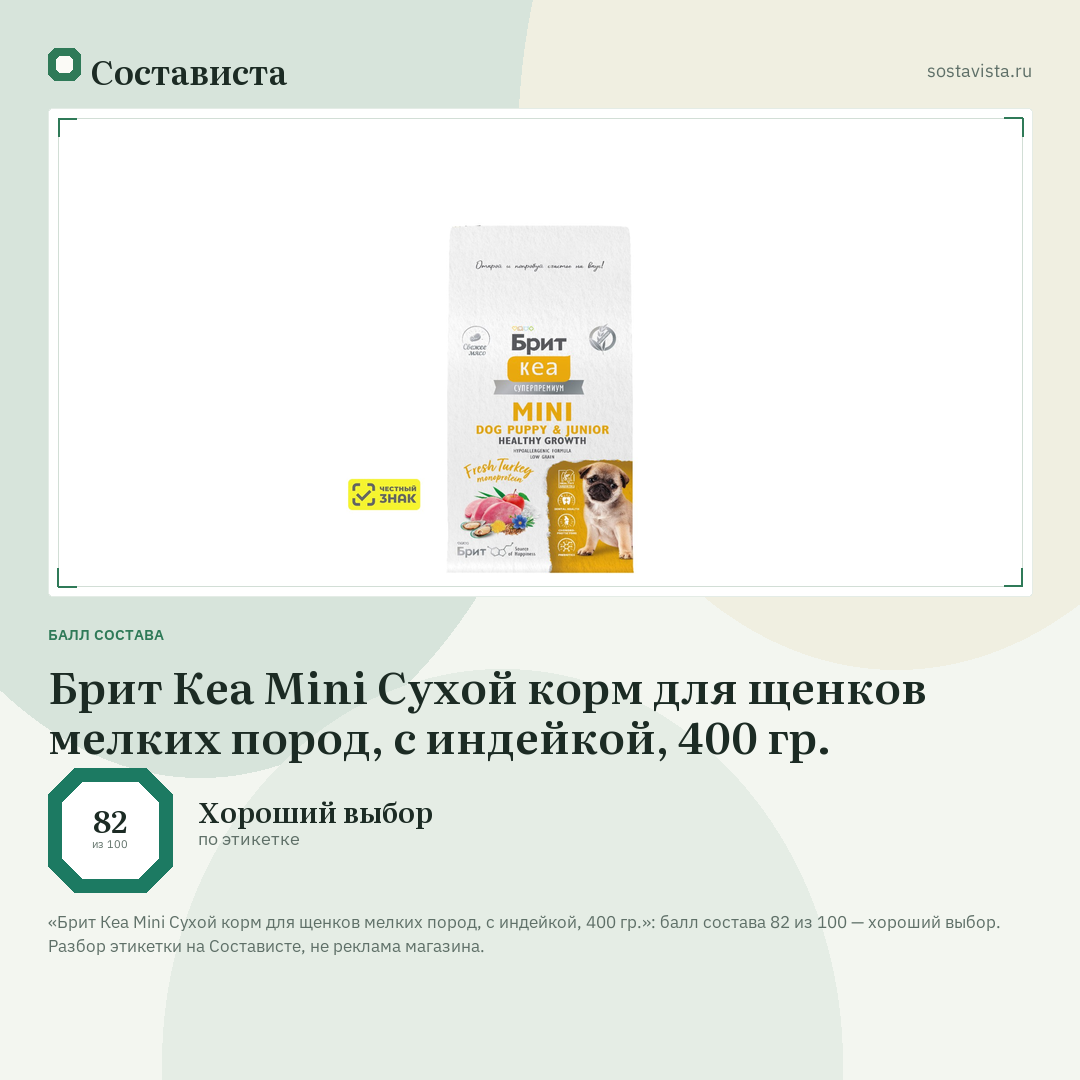 Брит Кеа Mini Сухой корм для щенков мелких пород, с индейкой, 400 гр.: балл состава 82 из 100 — Состависта