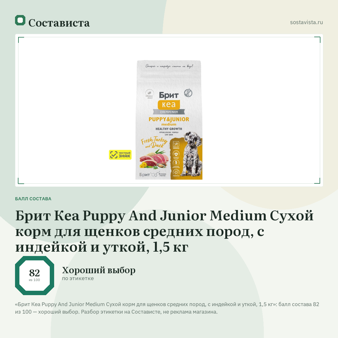 Брит Кеа Puppy And Junior Medium Сухой корм для щенков средних пород, с индейкой и уткой, 1,5 кг: балл состава 82 из 100 — Состависта
