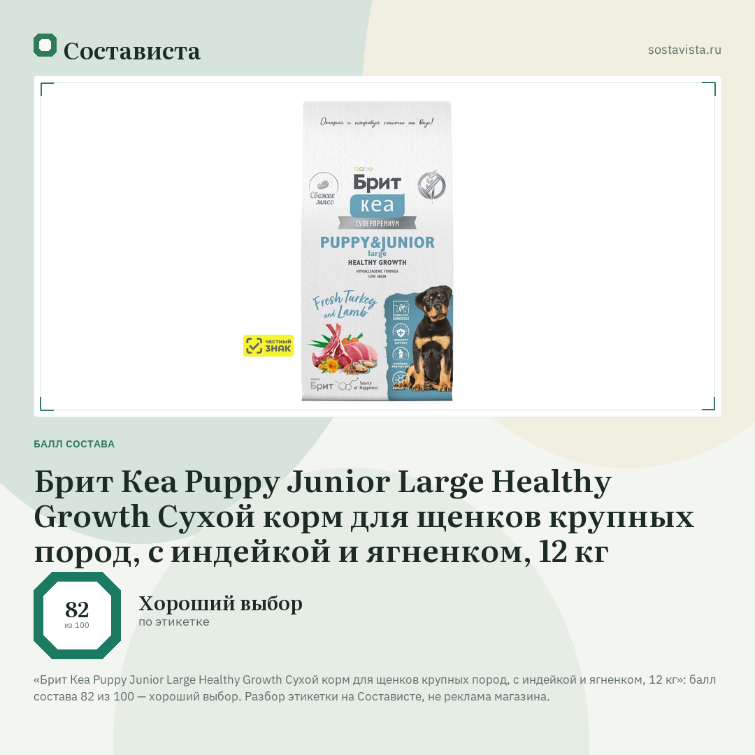 Брит Кеа Puppy Junior Large Healthy Growth Сухой корм для щенков крупных пород, с индейкой и ягненком, 12 кг: балл состава 82 из 100 — Состависта