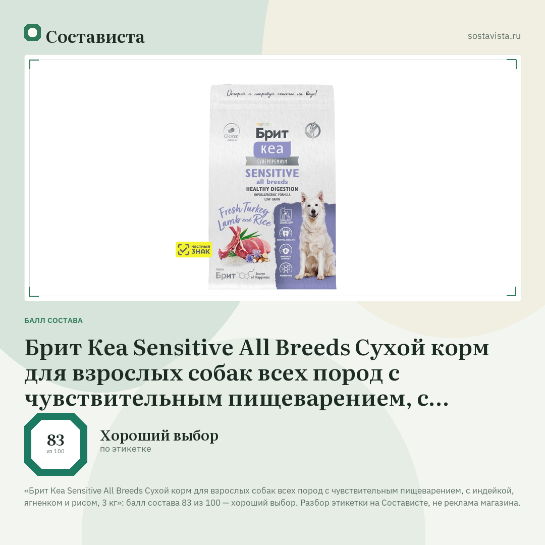 Брит Кеа Sensitive All Breeds Сухой корм для взрослых собак всех пород с чувствительным пищеварением, с индейкой, ягненком и рисом, 3 кг: балл состава 83 из 100 — Состависта