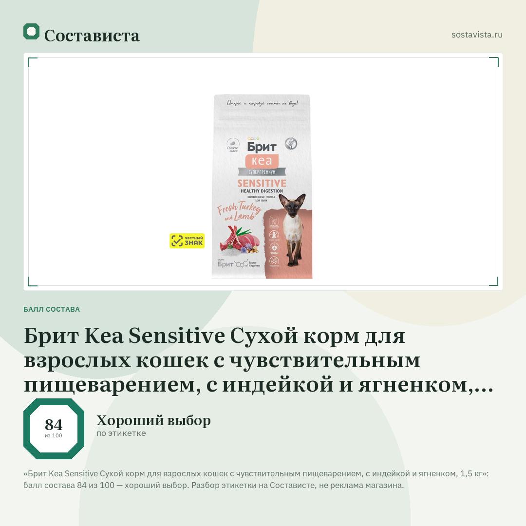 Брит Kea Sensitive Сухой корм для взрослых кошек с чувствительным пищеварением, с индейкой и ягненком, 1,5 кг: балл состава 84 из 100 — Состависта