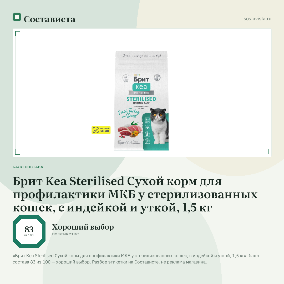Брит Kea Sterilised Сухой корм для профилактики МКБ у стерилизованных кошек, с индейкой и уткой, 1,5 кг: балл состава 83 из 100 — Состависта