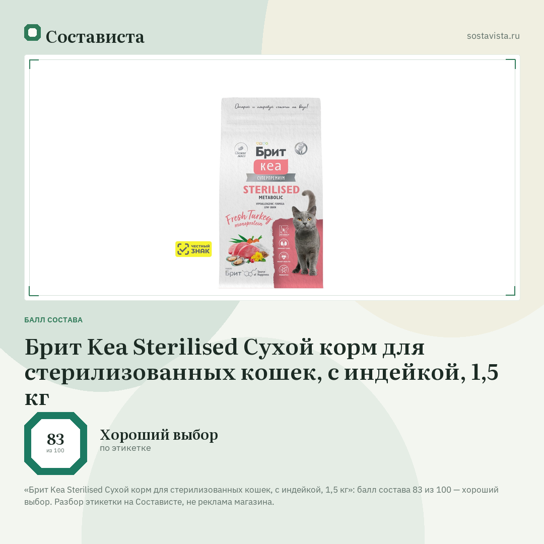 Брит Kea Sterilised Сухой корм для стерилизованных кошек, с индейкой, 1,5 кг: балл состава 83 из 100 — Состависта