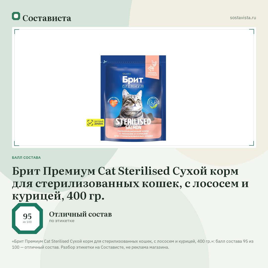 Брит Премиум Cat Sterilised Сухой корм для стерилизованных кошек, с лососем и курицей, 400 гр.: балл состава 95 из 100 — Состависта