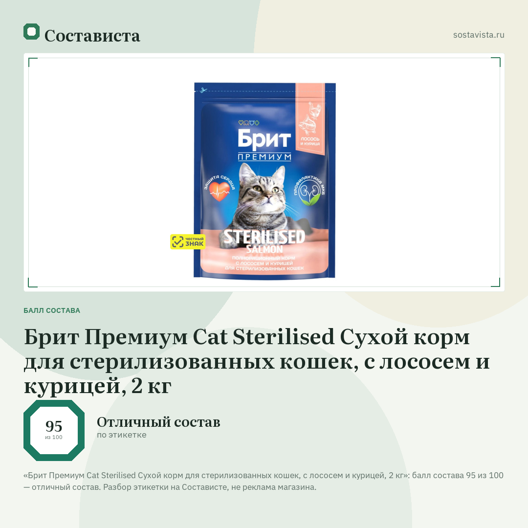 Брит Премиум Cat Sterilised Сухой корм для стерилизованных кошек, с лососем и курицей, 2 кг: балл состава 95 из 100 — Состависта