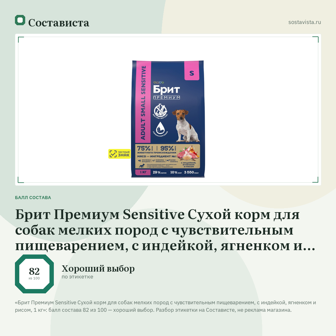 Брит Премиум Sensitive Сухой корм для собак мелких пород с чувствительным пищеварением, с индейкой, ягненком и рисом, 1 кг: балл состава 82 из 100 — Состависта