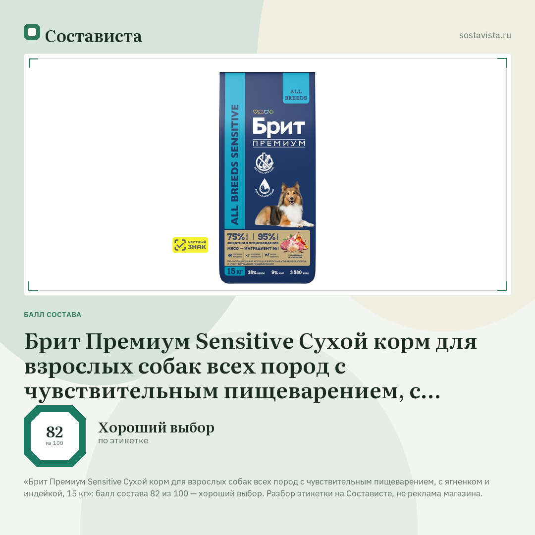 Брит Премиум Sensitive Сухой корм для взрослых собак всех пород с чувствительным пищеварением, с ягненком и индейкой, 15 кг: балл состава 82 из 100 — Состависта