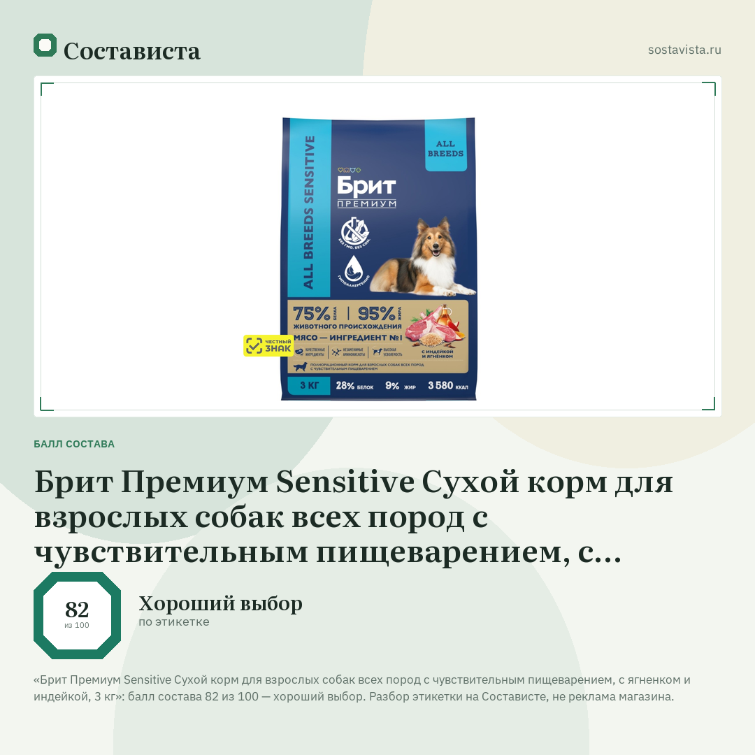 Брит Премиум Sensitive Сухой корм для взрослых собак всех пород с чувствительным пищеварением, с ягненком и индейкой, 3 кг: балл состава 82 из 100 — Состависта