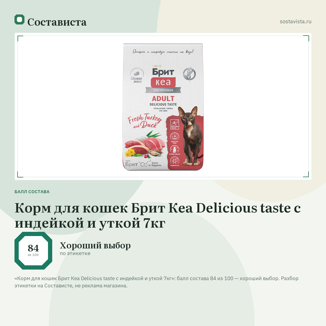 Корм для кошек Брит Кеа Delicious taste с индейкой и уткой 7кг: балл состава 84 из 100 — Состависта