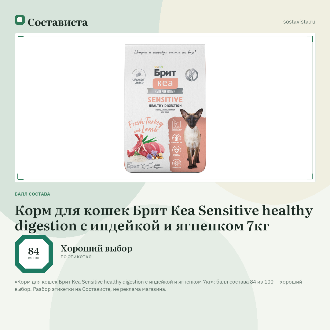 Корм для кошек Брит Кеа Sensitive healthy digestion с индейкой и ягненком 7кг: балл состава 84 из 100 — Состависта