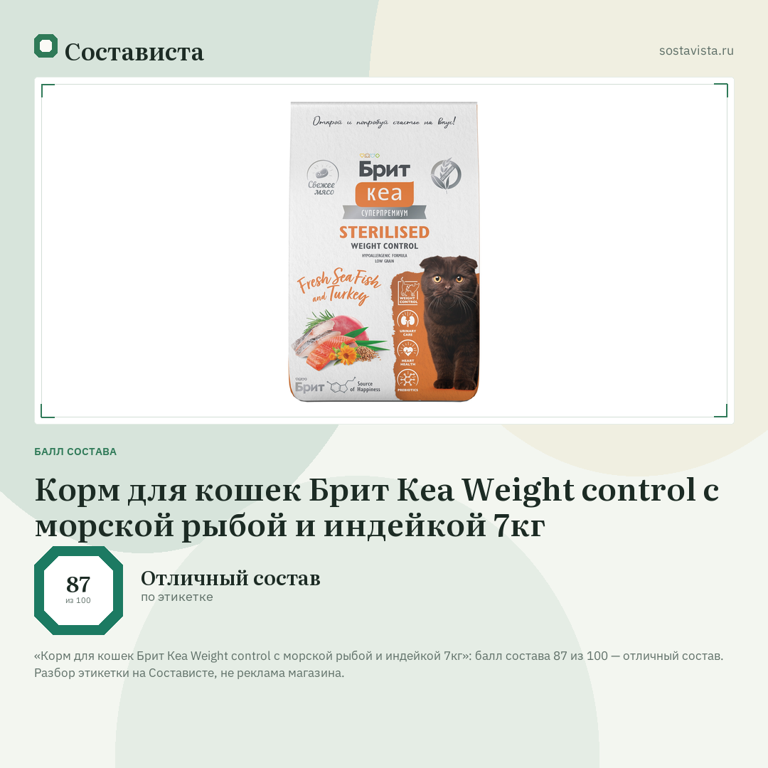 Корм для кошек Брит Кеа Weight control с морской рыбой и индейкой 7кг: балл состава 87 из 100 — Состависта