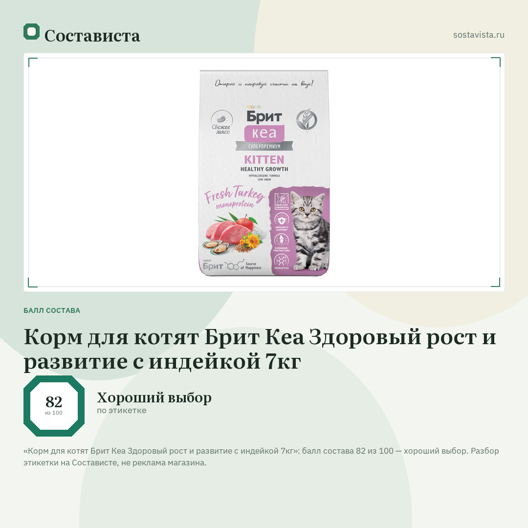 Корм для котят Брит Кеа Здоровый рост и развитие с индейкой 7кг: балл состава 82 из 100 — Состависта