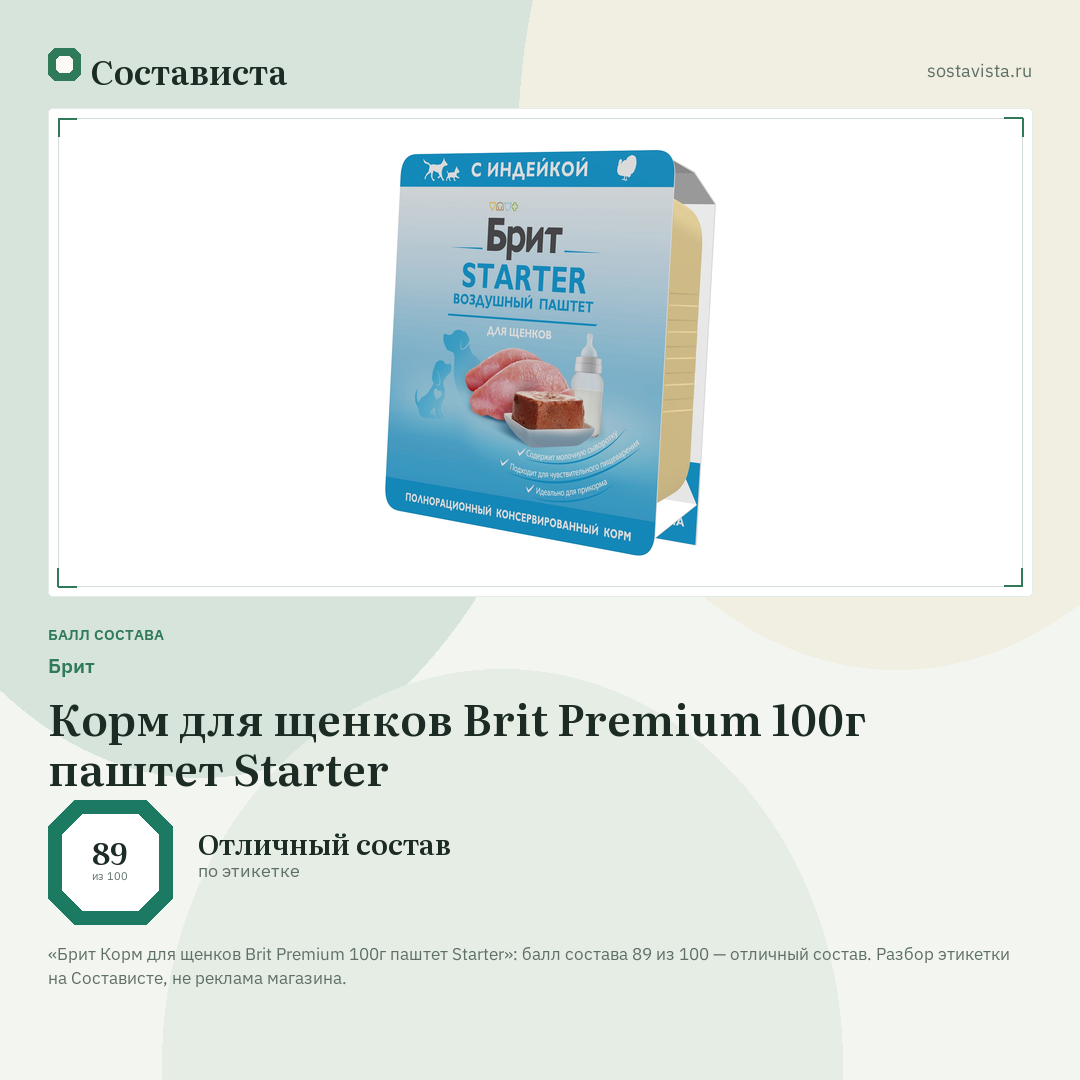 Брит Корм для щенков Brit Premium 100г паштет Starter: балл состава 89 из 100 — Состависта