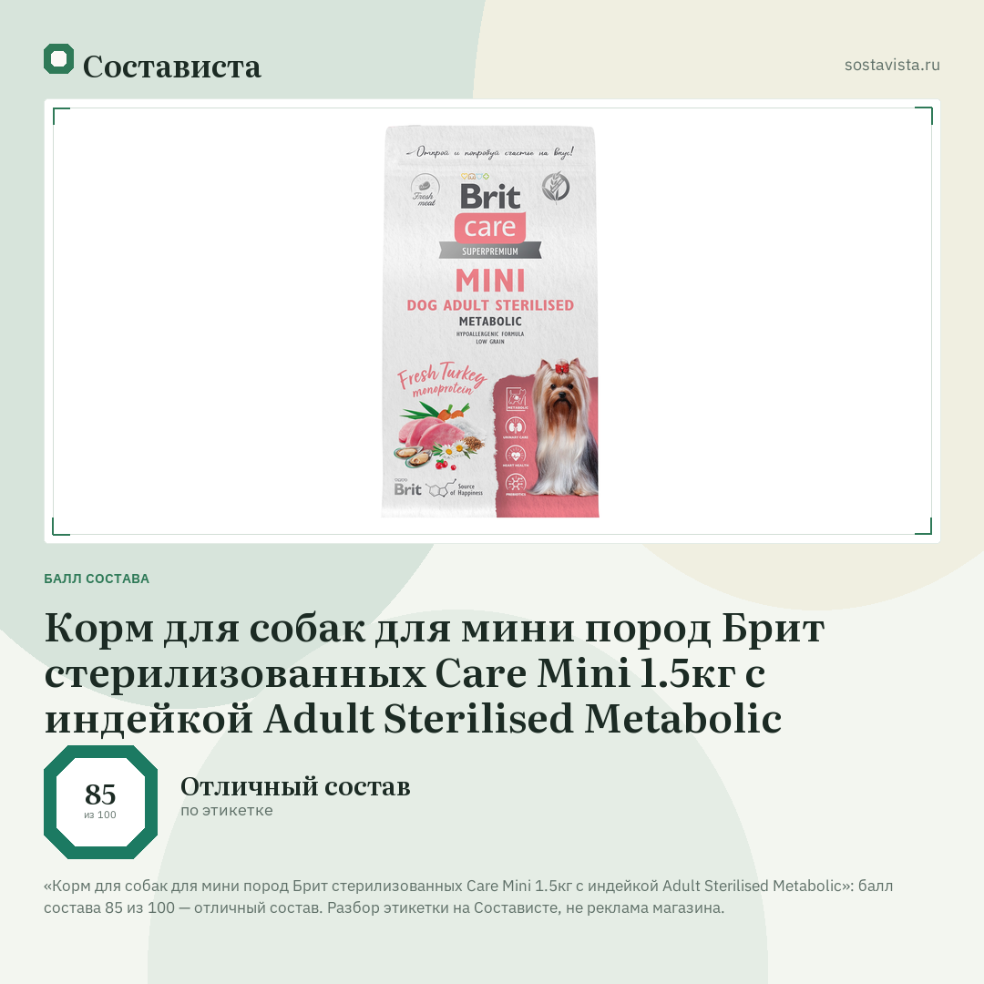 Корм для собак для мини пород Брит стерилизованных Care Mini 1.5кг с индейкой Adult Sterilised Metabolic: балл состава 85 из 100 — Состависта