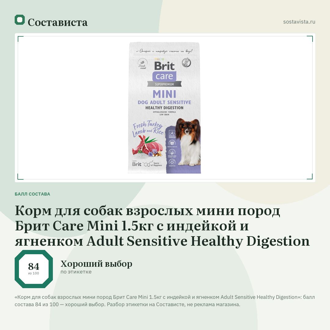 Корм для собак взрослых мини пород Брит Care Mini 1.5кг с индейкой и ягненком Adult Sensitive Healthy Digestion: балл состава 84 из 100 — Состависта