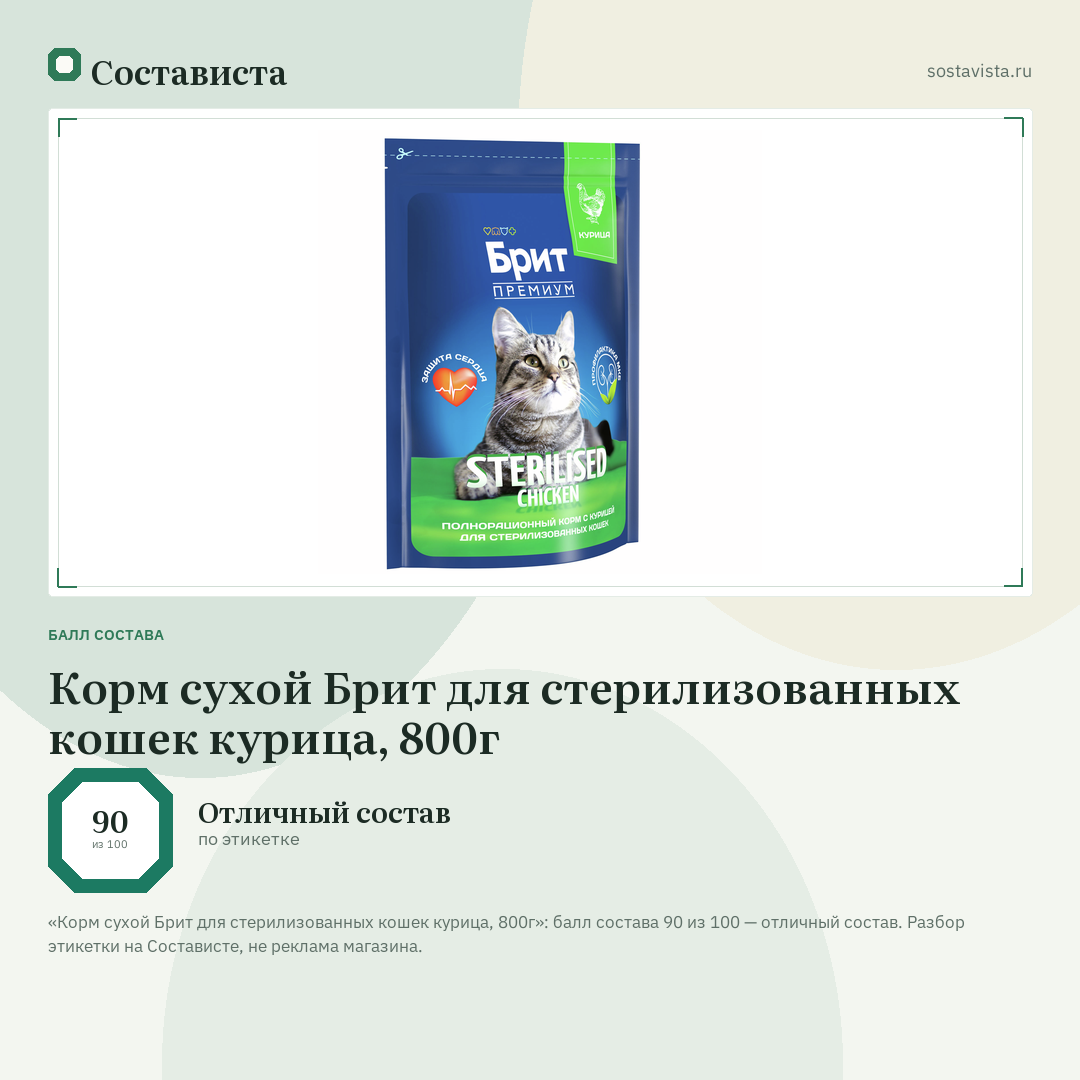 Корм сухой Брит для стерилизованных кошек курица, 800г: балл состава 90 из 100 — Состависта
