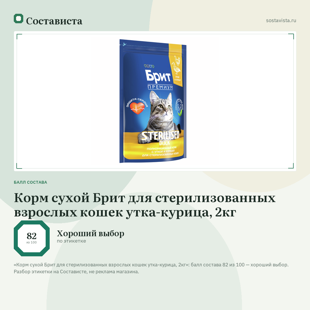 Корм сухой Брит для стерилизованных взрослых кошек утка-курица, 2кг: балл состава 82 из 100 — Состависта