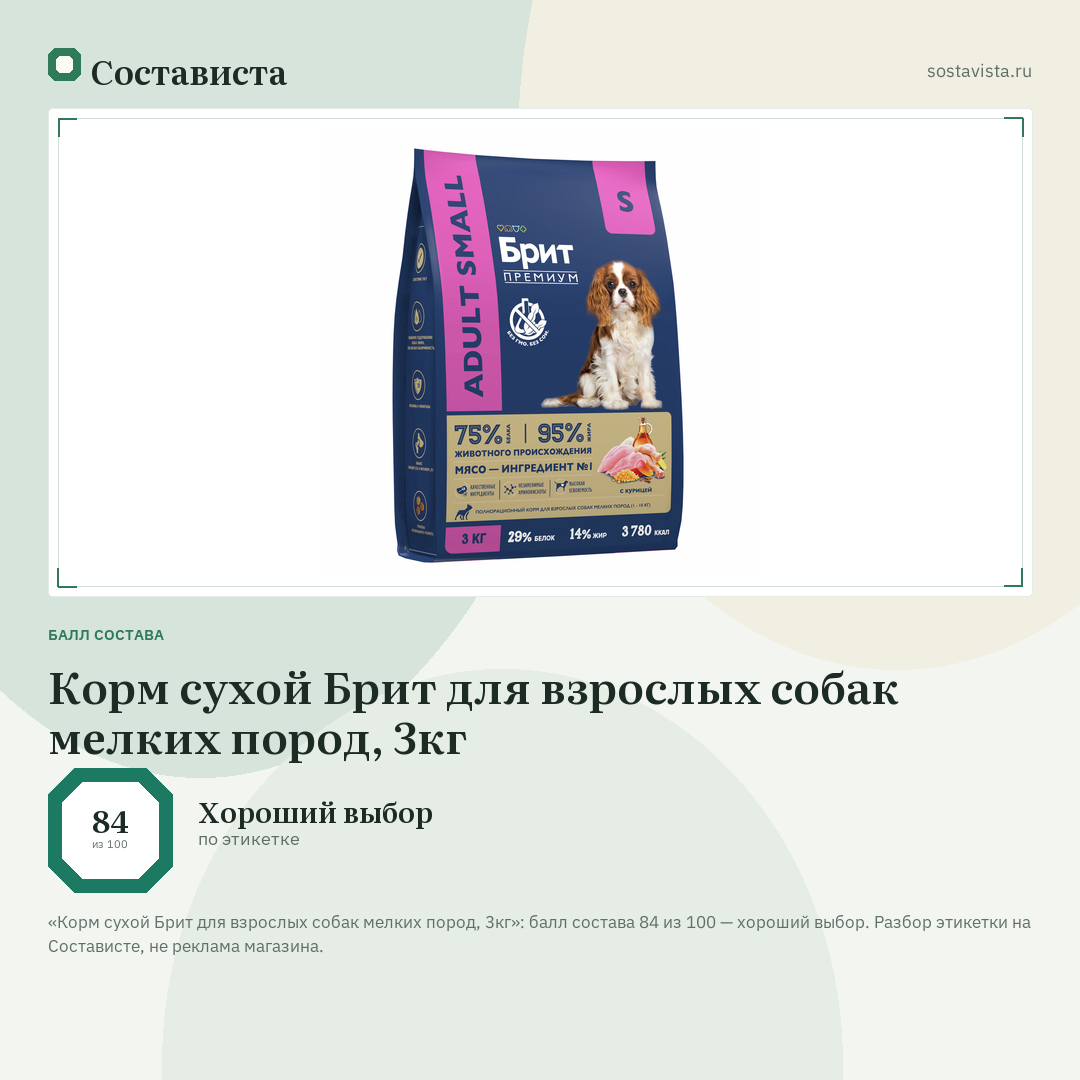 Корм сухой Брит для взрослых собак мелких пород, 3кг: балл состава 84 из 100 — Состависта