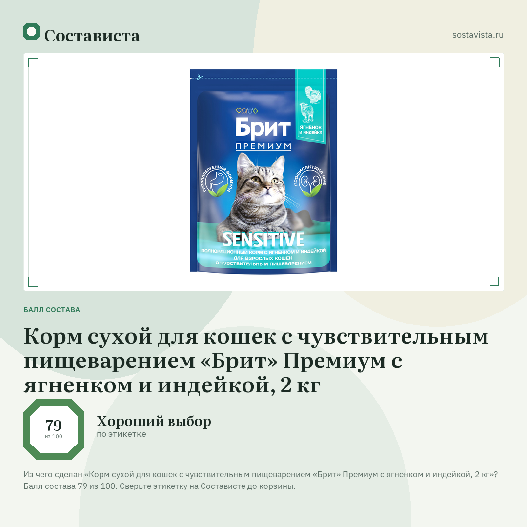 Корм сухой для кошек с чувствительным пищеварением «Брит» Премиум с ягненком и индейкой, 2 кг: балл состава 79 из 100 — Состависта