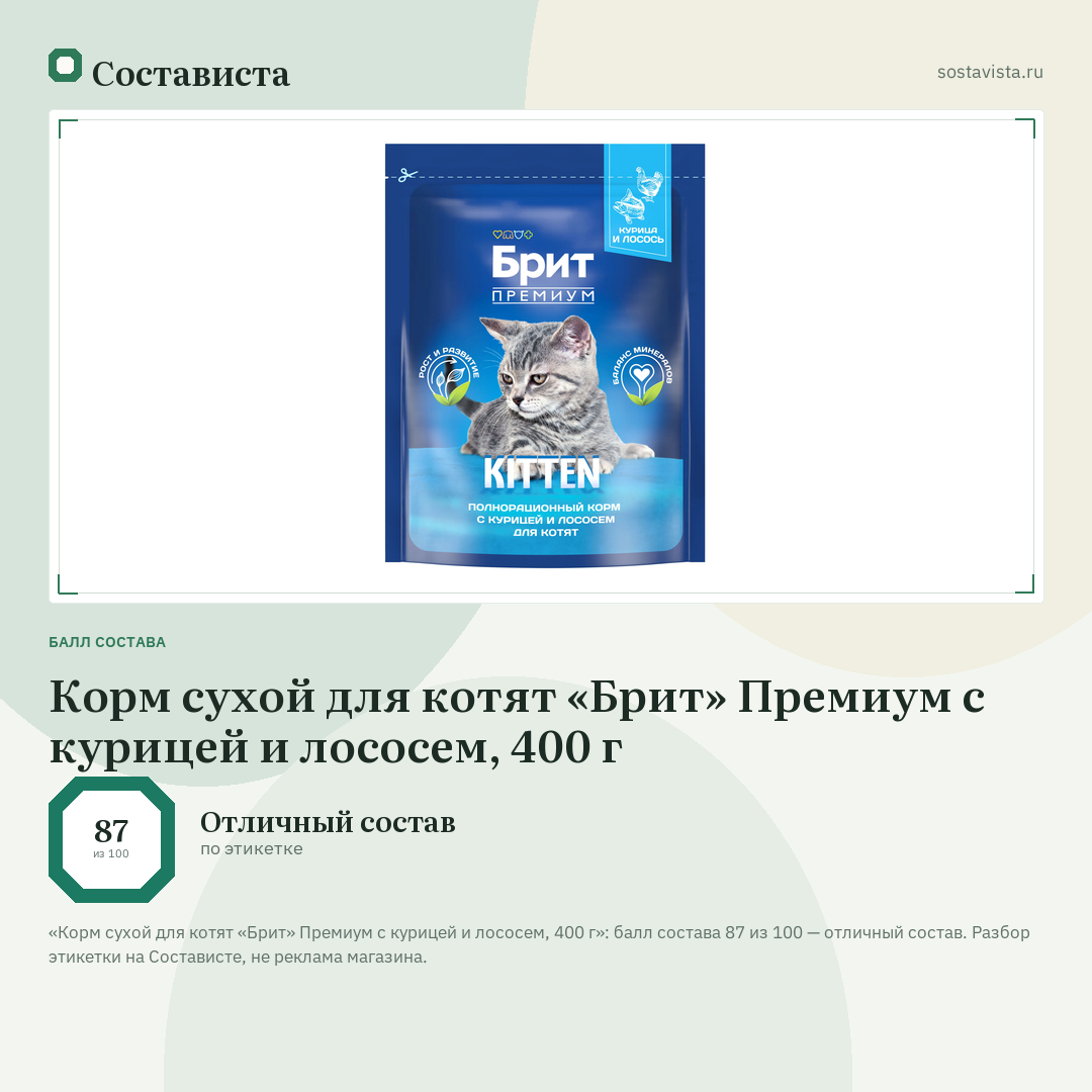 Корм сухой для котят «Брит» Премиум с курицей и лососем, 400 г: балл состава 87 из 100 — Состависта