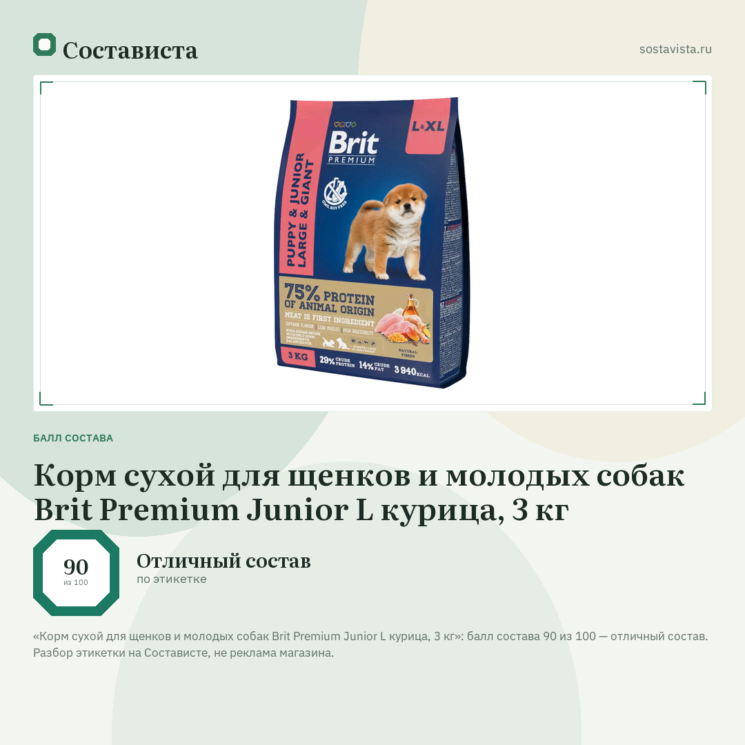 Корм сухой для щенков и молодых собак Brit Premium Junior L курица, 3 кг: балл состава 90 из 100 — Состависта