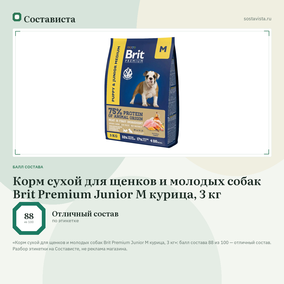 Корм сухой для щенков и молодых собак Brit Premium Junior M курица, 3 кг: балл состава 88 из 100 — Состависта