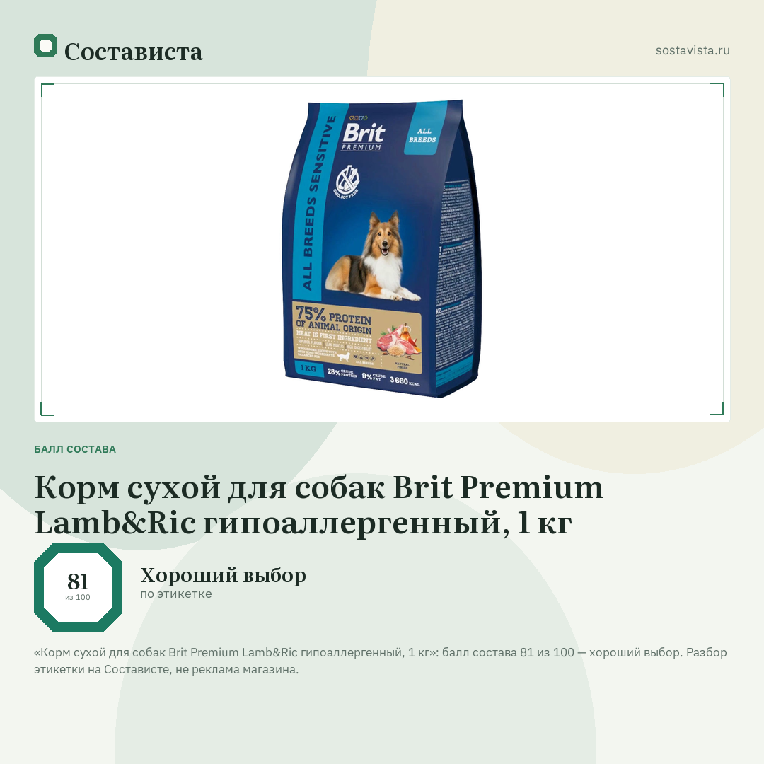 Корм сухой для собак Brit Premium Lamb&Ric гипоаллергенный, 1 кг: балл состава 81 из 100 — Состависта