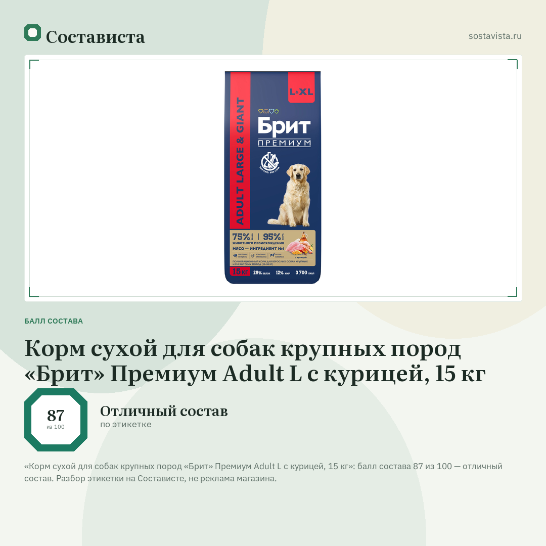 Корм сухой для собак крупных пород «Брит» Премиум Adult L с курицей, 15 кг: балл состава 87 из 100 — Состависта
