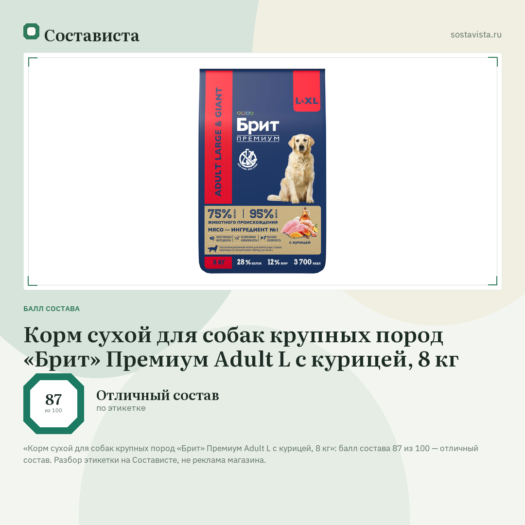 Корм сухой для собак крупных пород «Брит» Премиум Adult L с курицей, 8 кг: балл состава 87 из 100 — Состависта