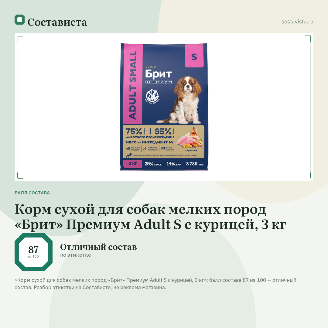 Корм сухой для собак мелких пород «Брит» Премиум Adult S с курицей, 3 кг: балл состава 87 из 100 — Состависта