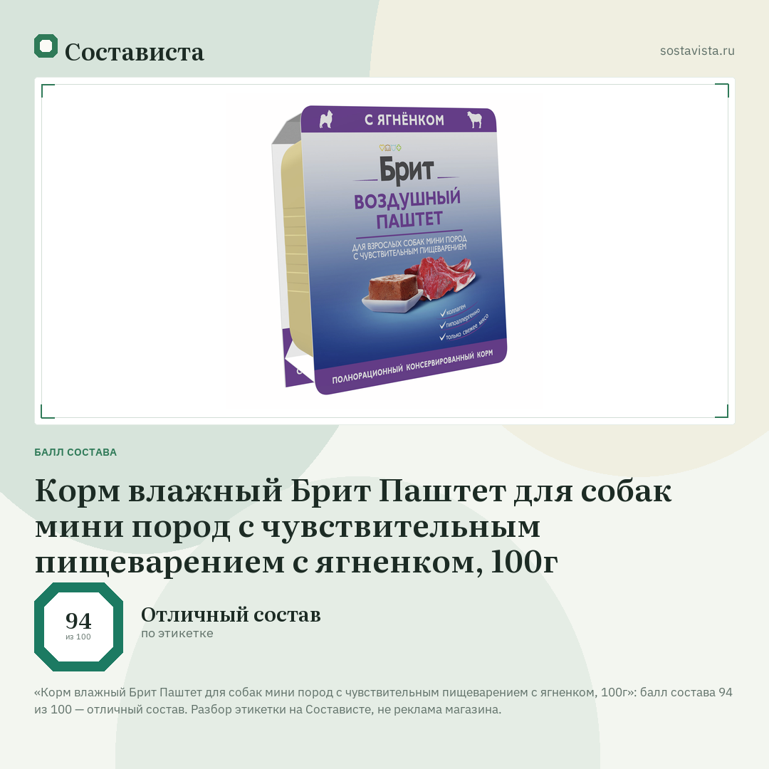Корм влажный Брит Паштет для собак мини пород с чувствительным пищеварением с ягненком, 100г: балл состава 94 из 100 — Состависта