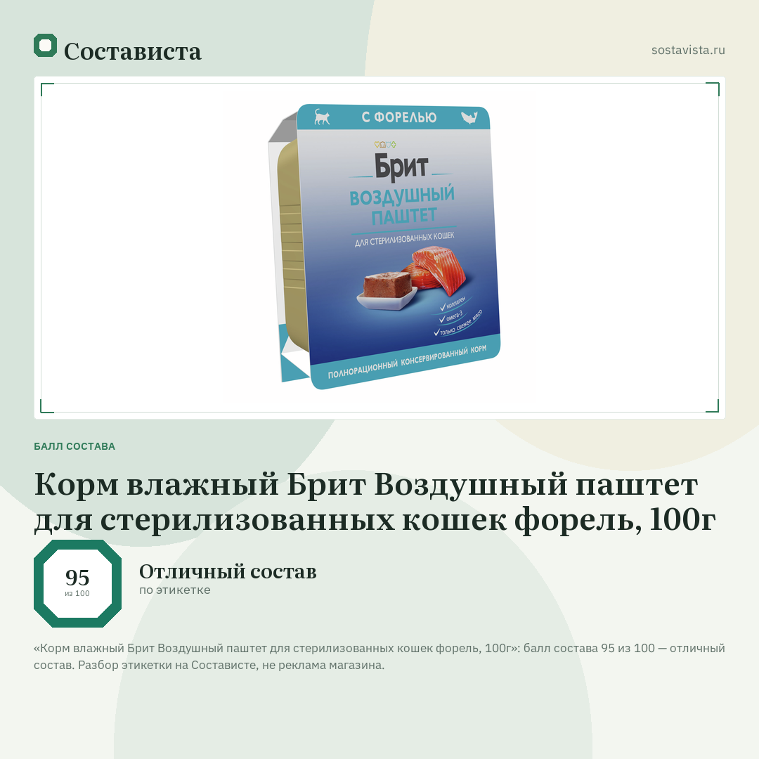 Корм влажный Брит Воздушный паштет для стерилизованных кошек форель, 100г: балл состава 95 из 100 — Состависта