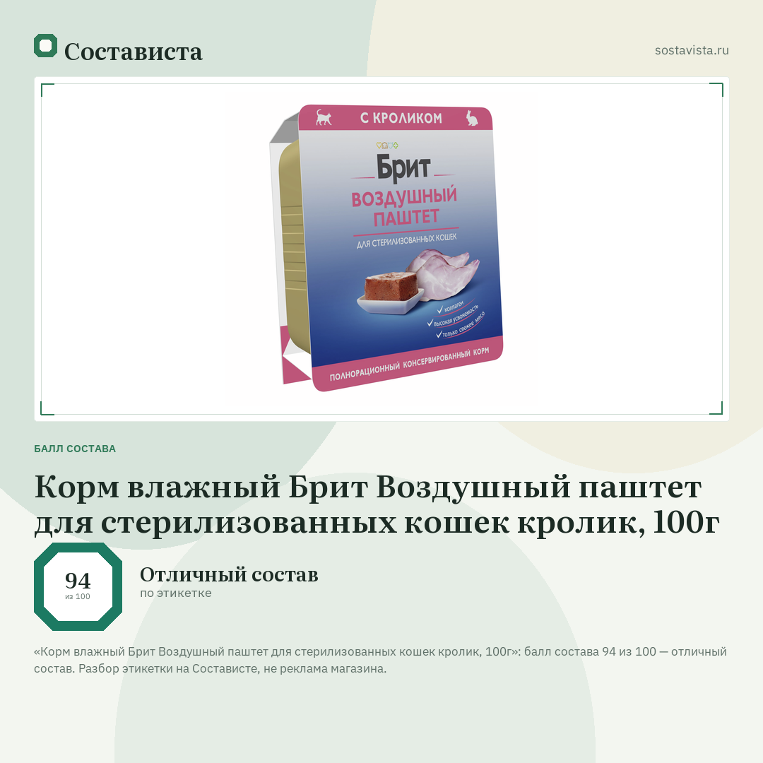 Корм влажный Брит Воздушный паштет для стерилизованных кошек кролик, 100г: балл состава 94 из 100 — Состависта