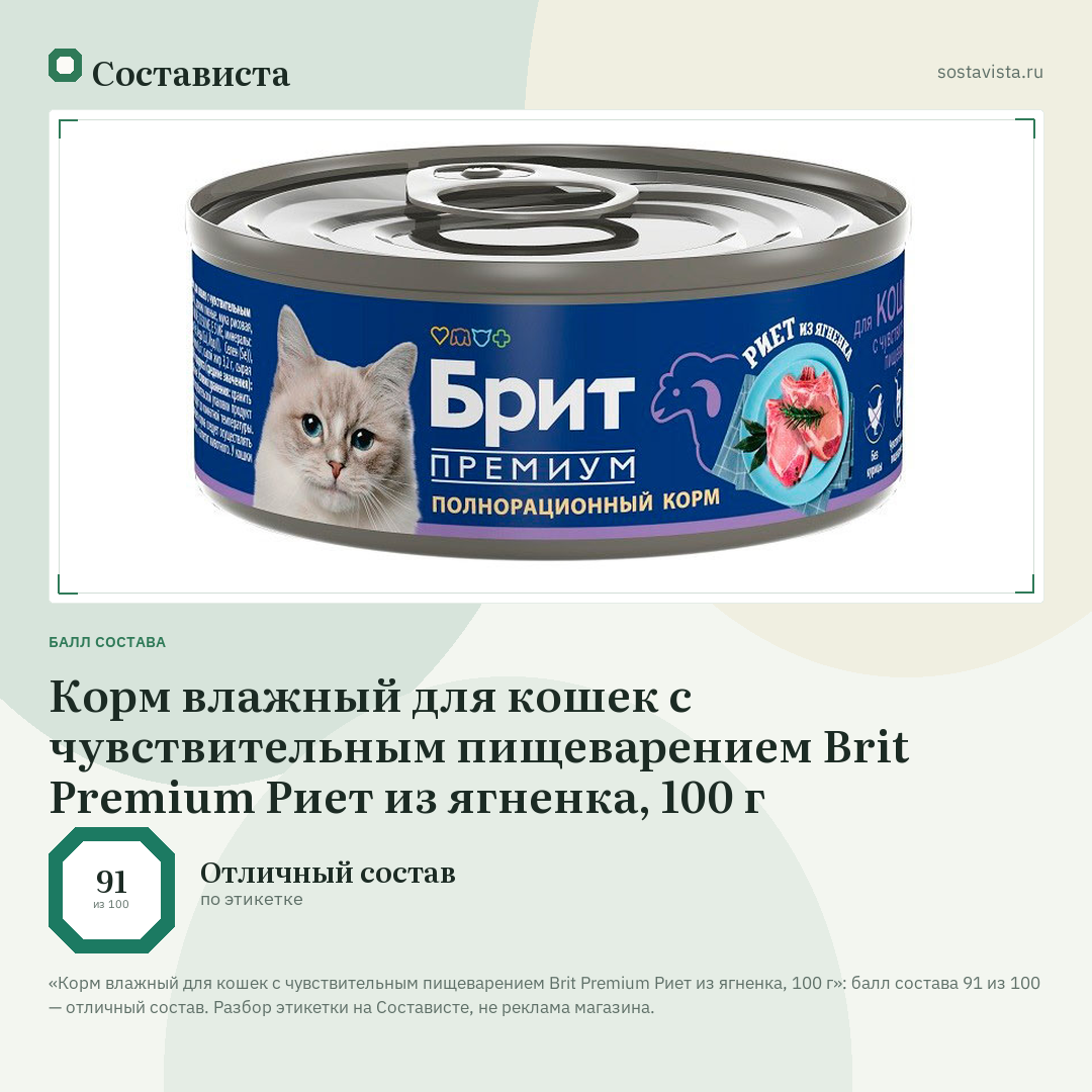 Корм влажный для кошек с чувствительным пищеварением Brit Premium Риет из ягненка, 100 г: балл состава 91 из 100 — Состависта