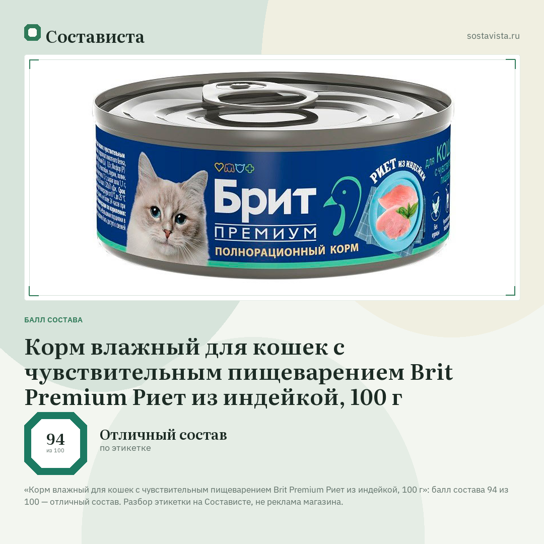 Корм влажный для кошек с чувствительным пищеварением Brit Premium Риет из индейкой, 100 г: балл состава 94 из 100 — Состависта