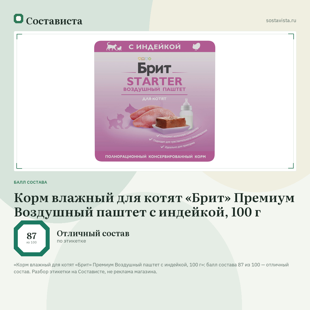 Корм влажный для котят «Брит» Премиум Воздушный паштет с индейкой, 100 г: балл состава 87 из 100 — Состависта
