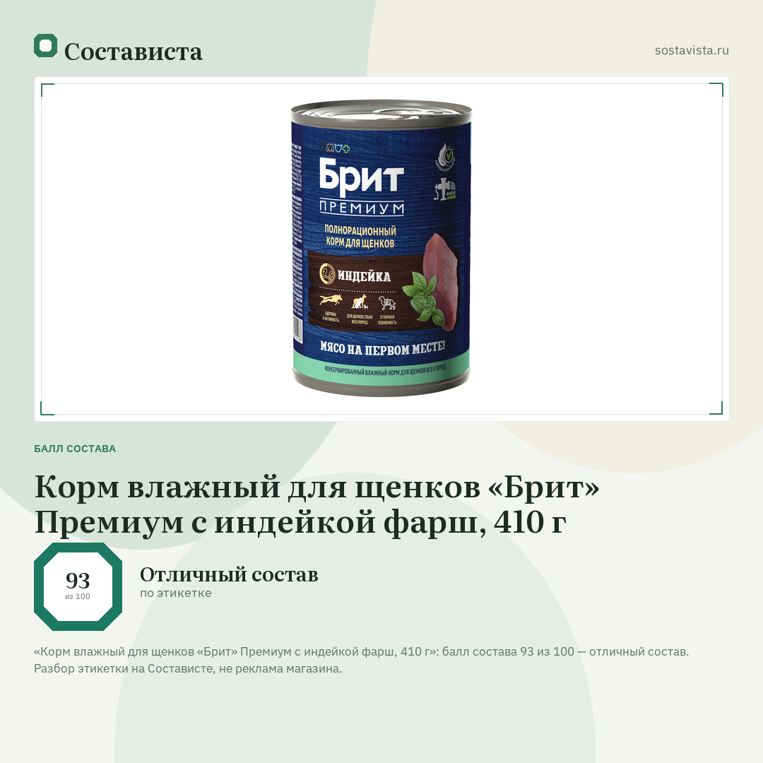 Корм влажный для щенков «Брит» Премиум с индейкой фарш, 410 г: балл состава 93 из 100 — Состависта