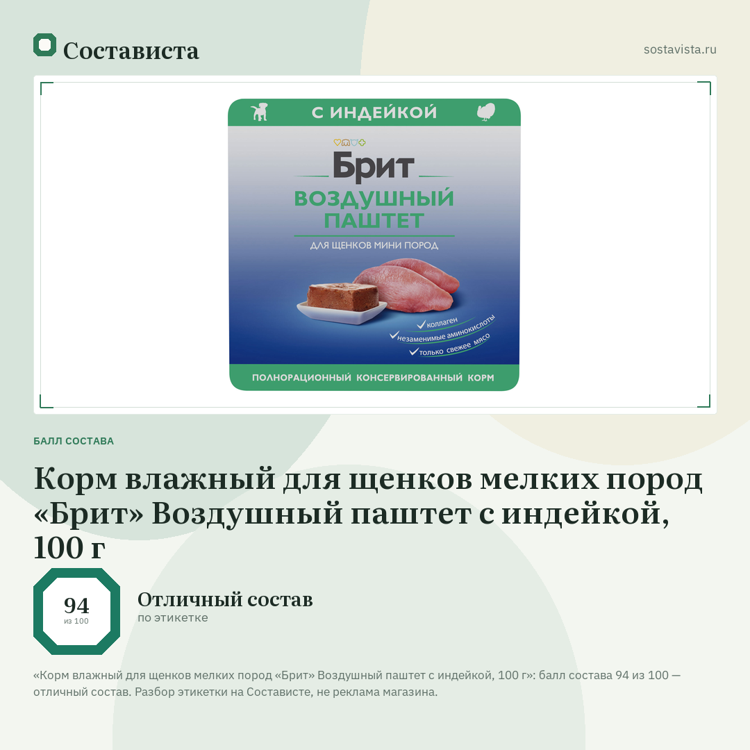 Корм влажный для щенков мелких пород «Брит» Воздушный паштет с индейкой, 100 г: балл состава 94 из 100 — Состависта