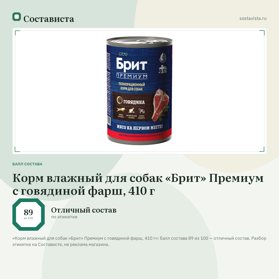 Корм влажный для собак «Брит» Премиум с говядиной фарш, 410 г: балл состава 89 из 100 — Состависта
