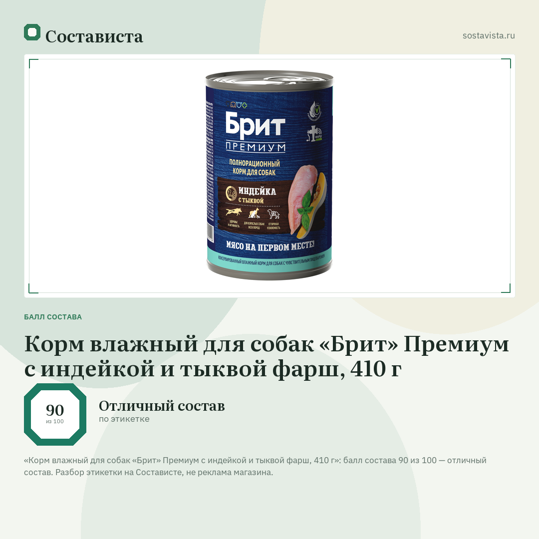 Корм влажный для собак «Брит» Премиум с индейкой и тыквой фарш, 410 г: балл состава 90 из 100 — Состависта