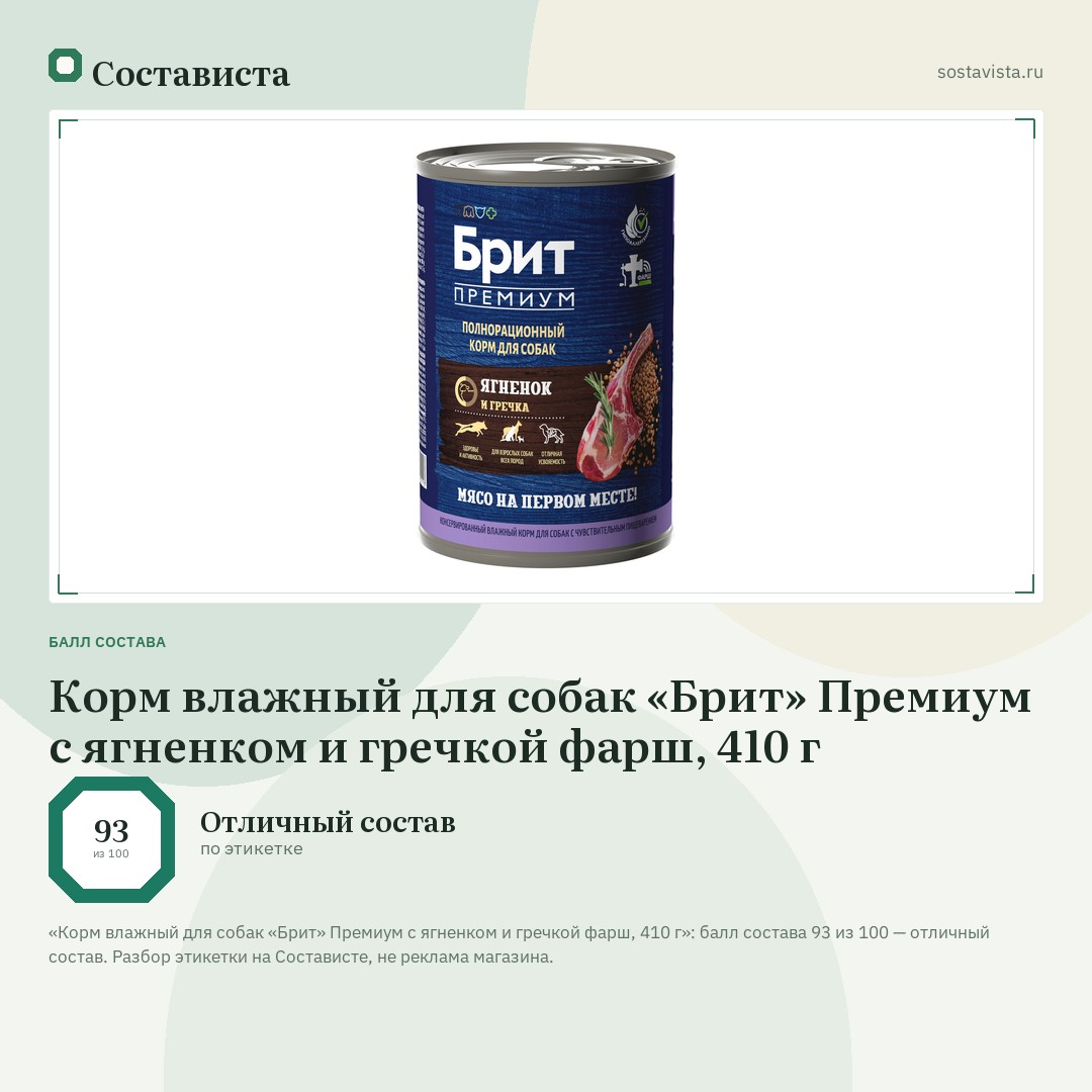Корм влажный для собак «Брит» Премиум с ягненком и гречкой фарш, 410 г: балл состава 93 из 100 — Состависта