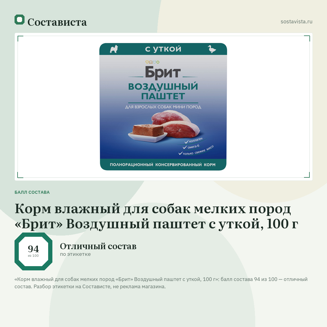 Корм влажный для собак мелких пород «Брит» Воздушный паштет с уткой, 100 г: балл состава 94 из 100 — Состависта
