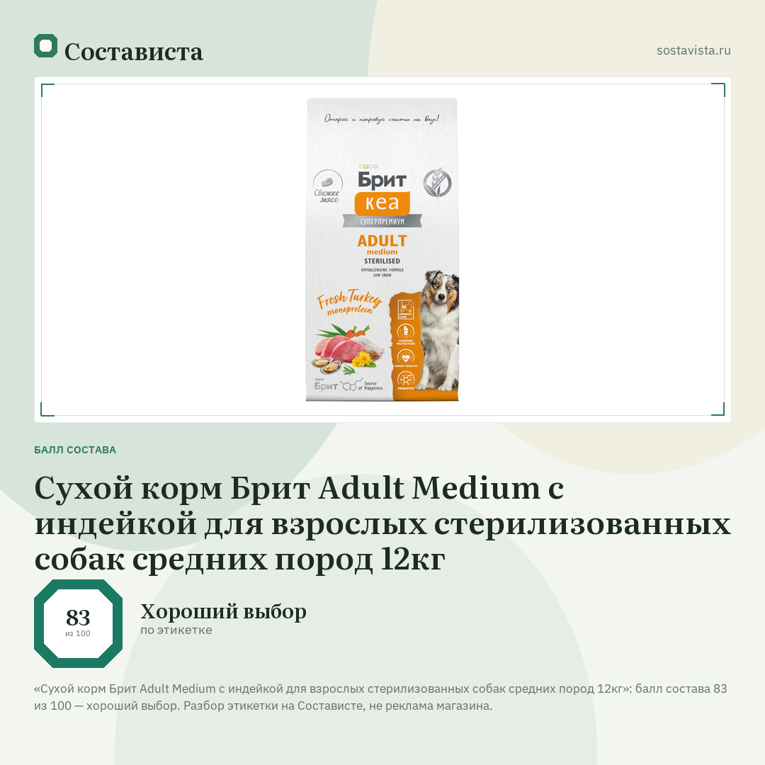 Сухой корм Брит Adult Medium с индейкой для взрослых стерилизованных собак средних пород 12кг: балл состава 83 из 100 — Состависта