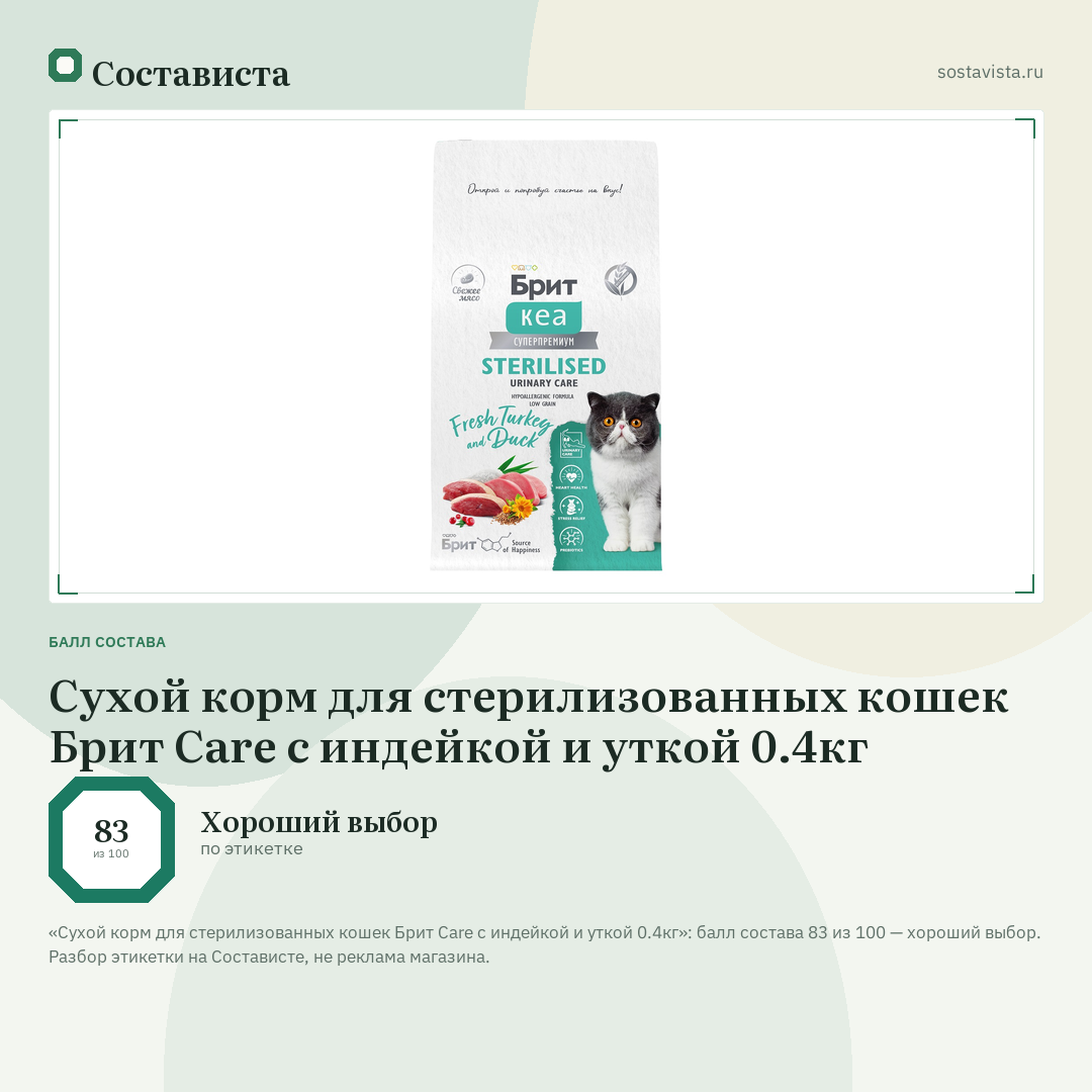 Сухой корм для стерилизованных кошек Брит Care с индейкой и уткой 0.4кг: балл состава 83 из 100 — Состависта