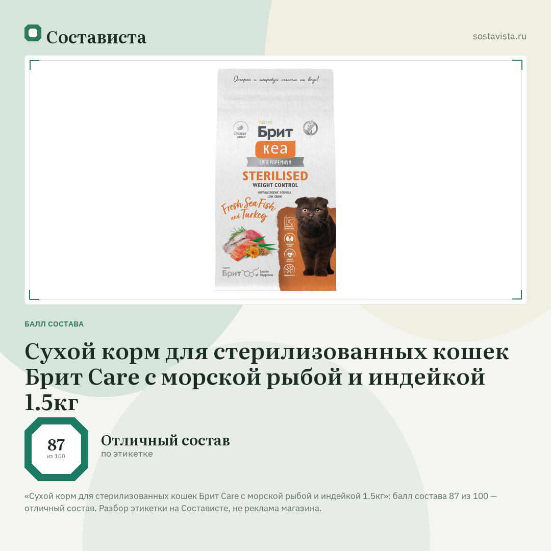 Сухой корм для стерилизованных кошек Брит Care с морской рыбой и индейкой 1.5кг: балл состава 87 из 100 — Состависта