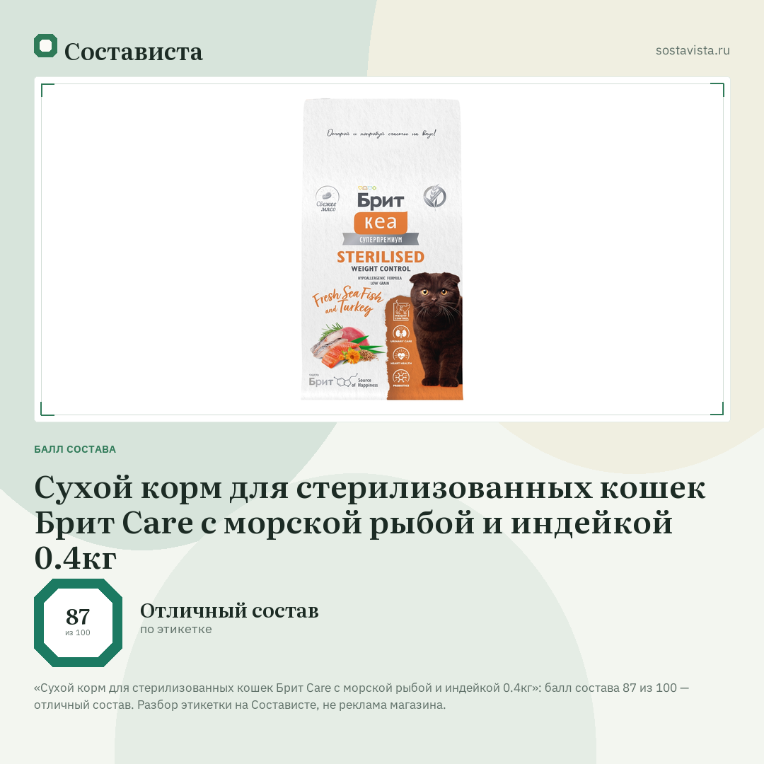 Сухой корм для стерилизованных кошек Брит Care с морской рыбой и индейкой 0.4кг: балл состава 87 из 100 — Состависта